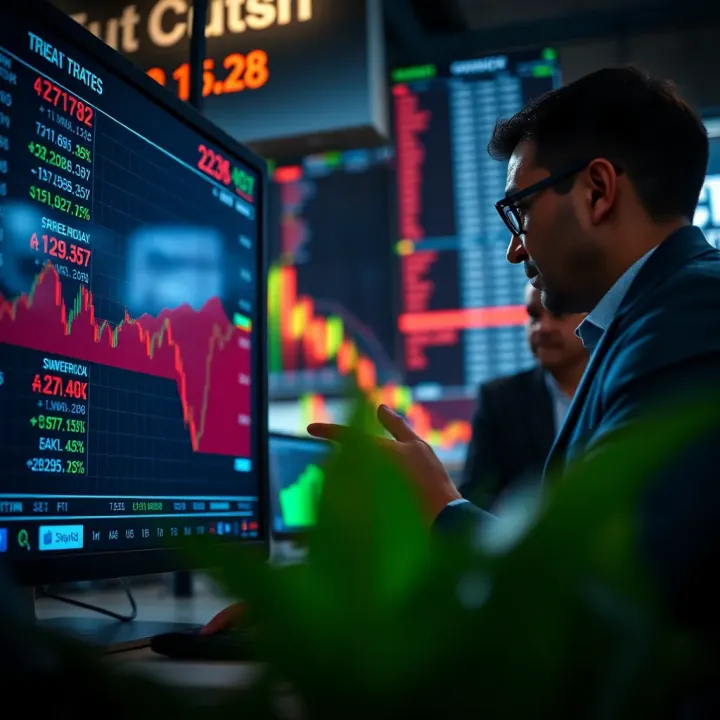 Trader analyzing economic data and currency exchange rates on a digital screen