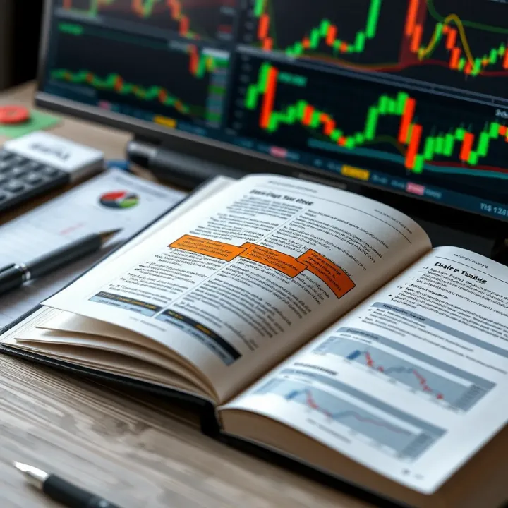 Open book with highlighted text and financial charts illustrating practical application of day trading knowledge