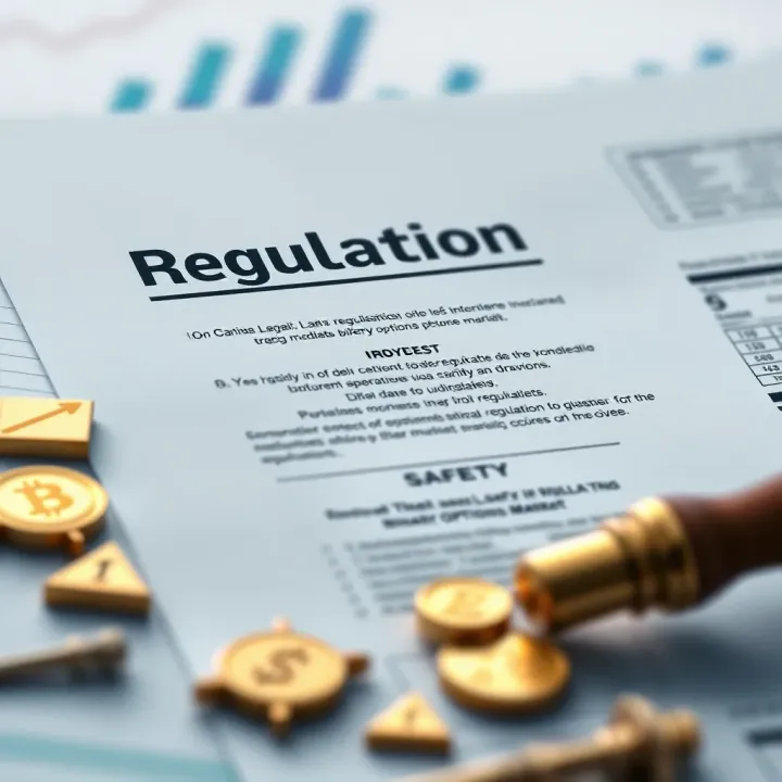 Illustration of a legal document and financial symbols representing regulation and safety in binary options market