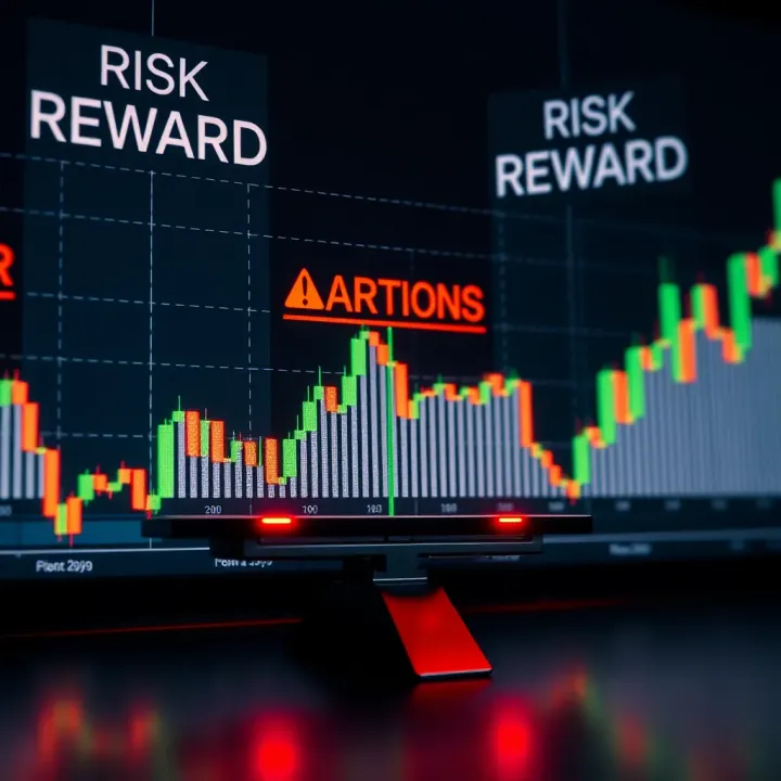 Graph showing risk and reward balance in binary options investment with highlighted cautionary symbols