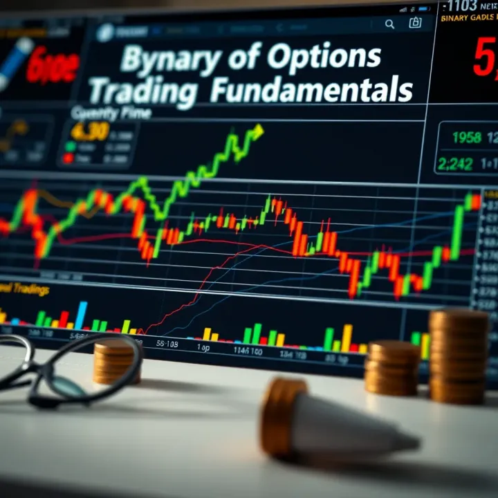 Illustration of binary options trading concepts with charts and financial symbols