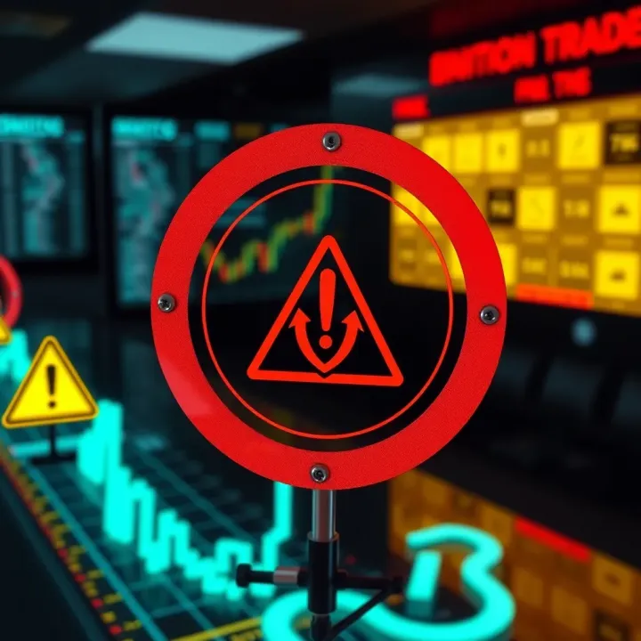 Conceptual graphic showing regulatory symbols and warning signs related to binary options trading risks