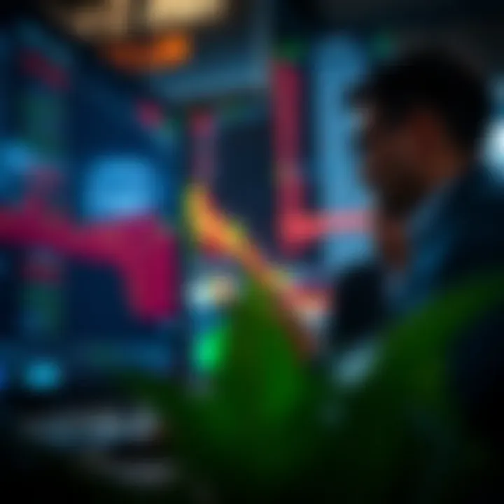 Trader analyzing economic data and currency exchange rates on a digital screen