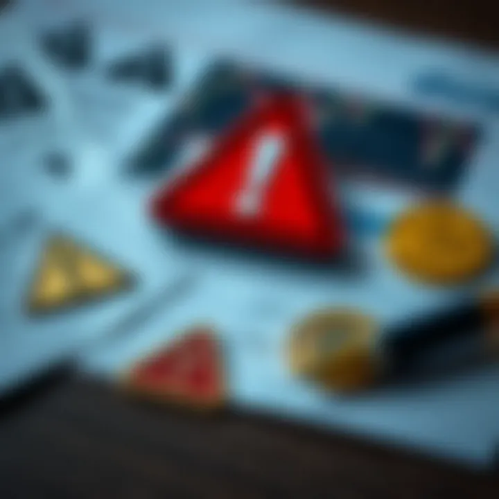 Risk assessment concept showing caution symbols alongside financial documents and digital currency symbols