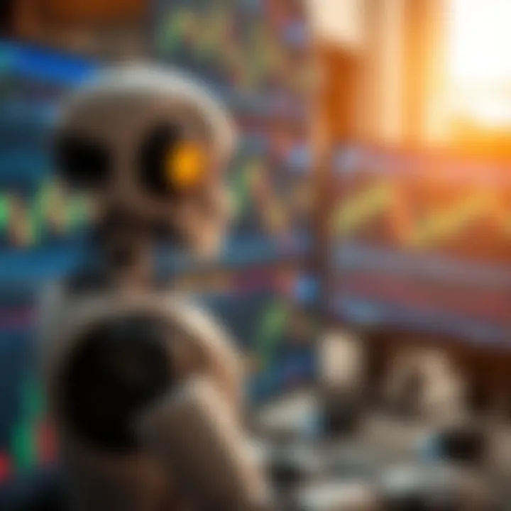 Illustration showing a digital robot interacting with binary options trading charts on multiple screens