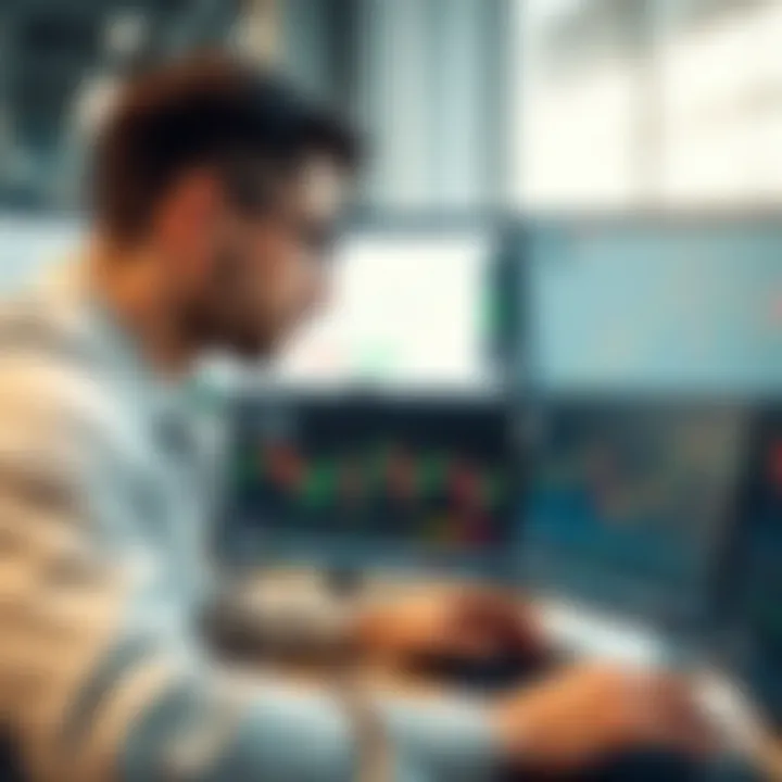 Illustration of a trader comparing brokerage platforms on multiple screens