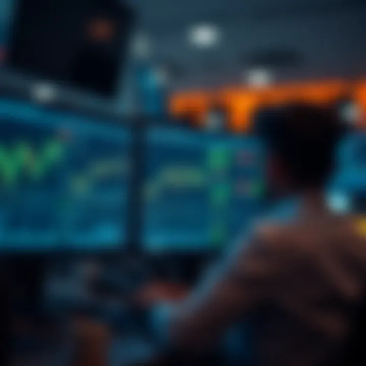 Illustration of a person analyzing financial data on multiple computer screens