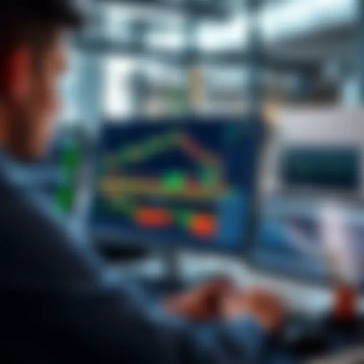 Illustration of a trader analyzing charts and practicing strategies on a virtual trading interface