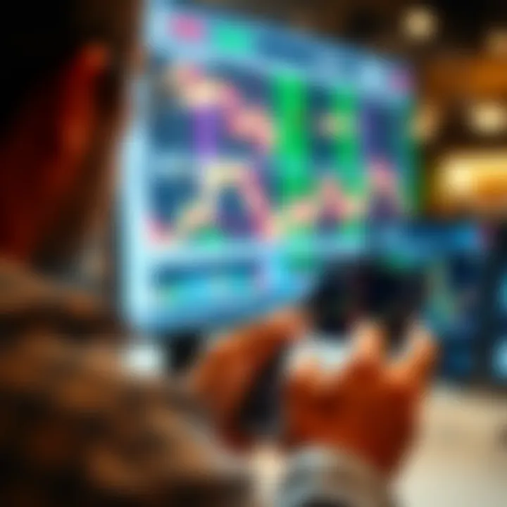 A trader using a mobile app showing technical analysis tools and stock market indicators