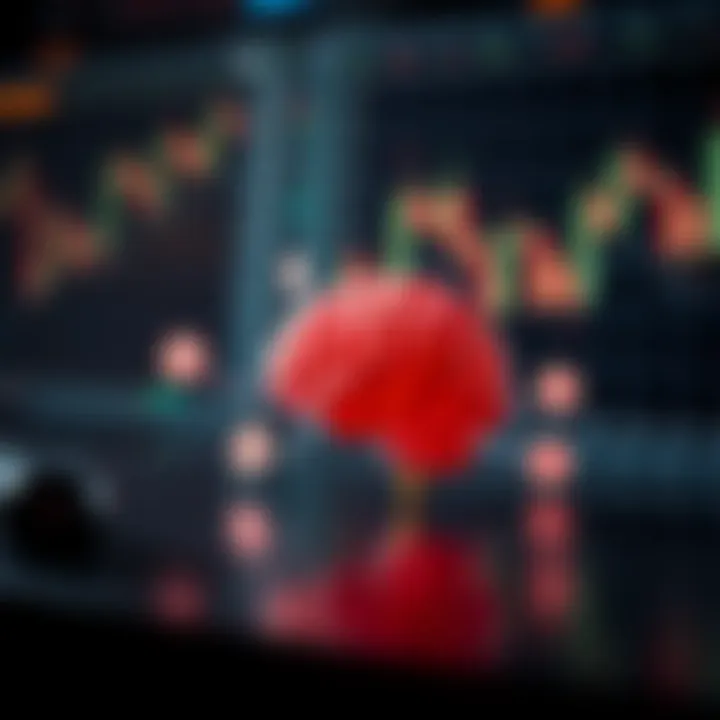 Conceptual illustration of risk management and psychological control in trading with charts and brain icons