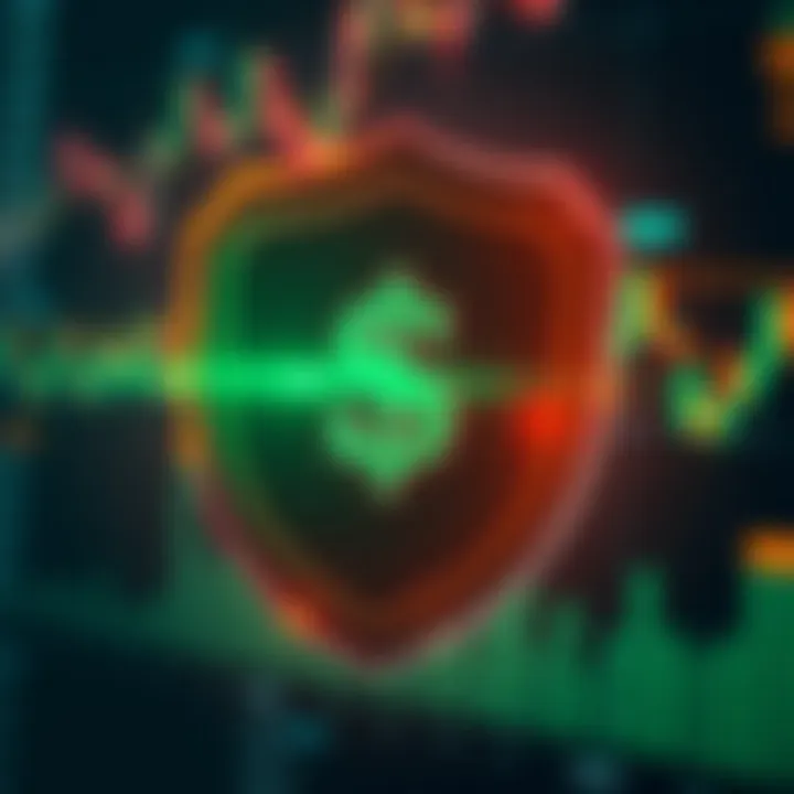 Secure investment concept depicting shield with dollar sign and digital financial graphs