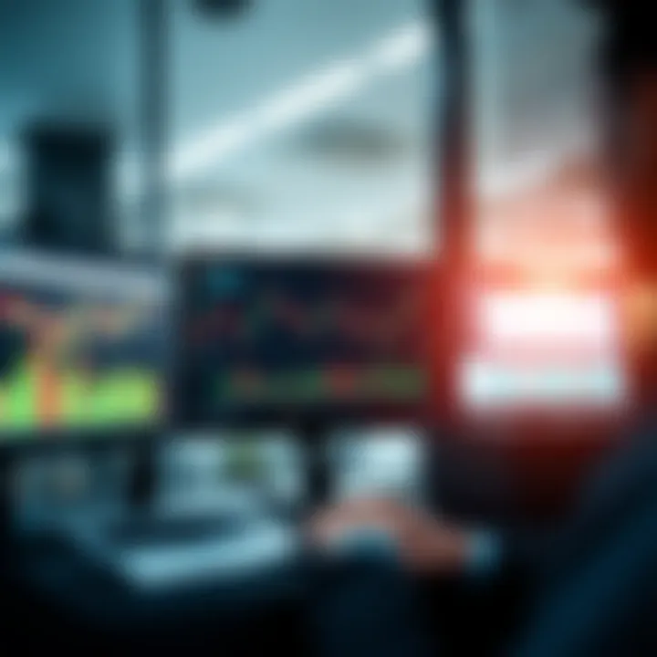 Digital interface displaying a simulated investment trading platform with charts and analytics