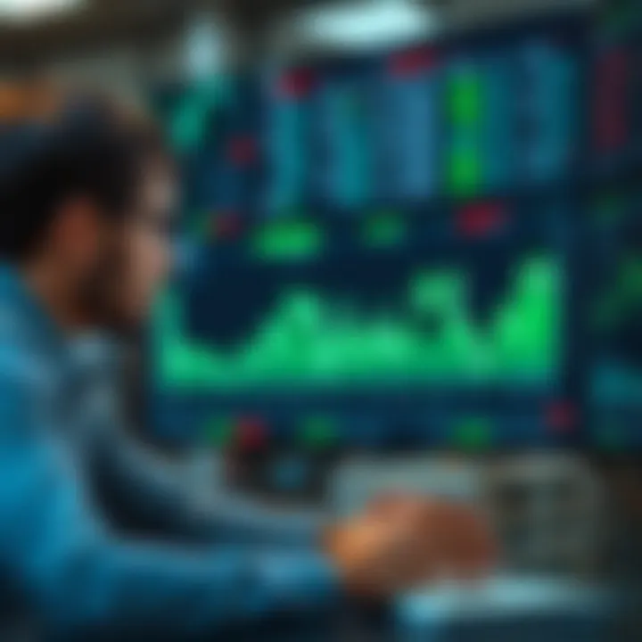 Investor analyzing virtual portfolio performance in a simulated stock market environment