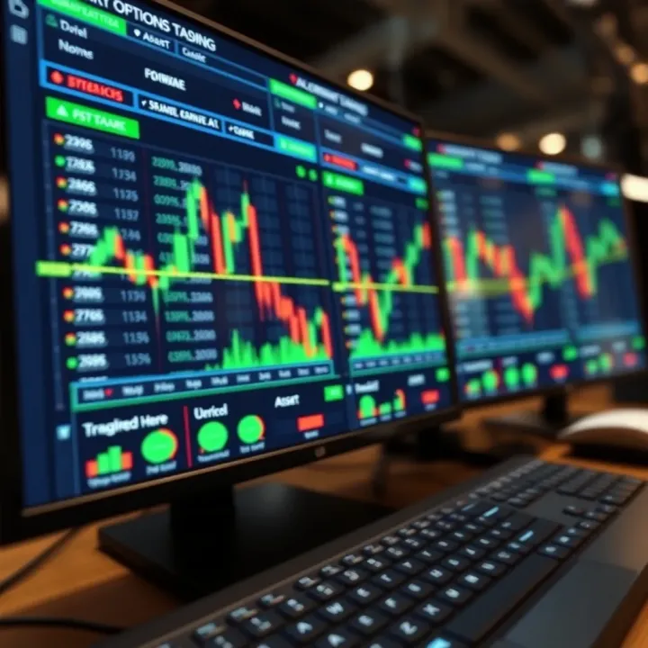 Secure online trading platform interface showing binary options charts and asset categories