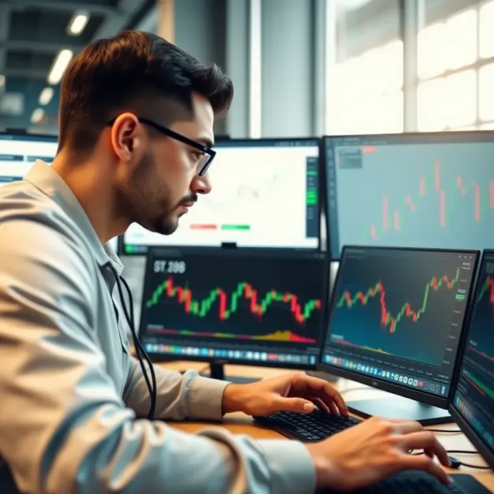 Illustration of a trader comparing brokerage platforms on multiple screens