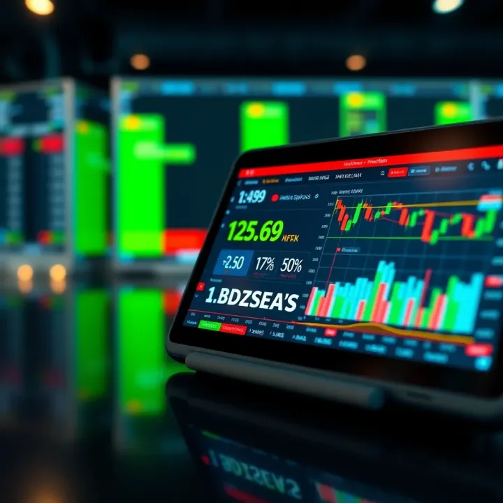 Illustration of a digital tablet displaying a binary options trading platform with charts and indicators