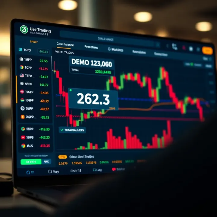 User interface of a demo trading platform showing virtual balance and simulated trades