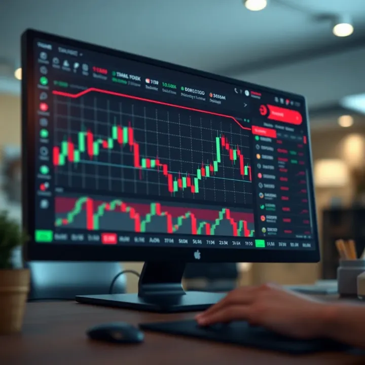 Trading platform interface showing candlestick charts and trading tools for practice