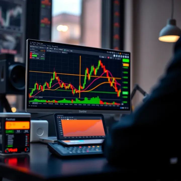Graph showing virtual trading platform interface with charts and simulated market data