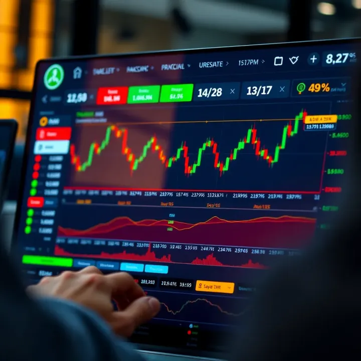 Digital interface displaying copy trading platform with trader statistics and graph trends