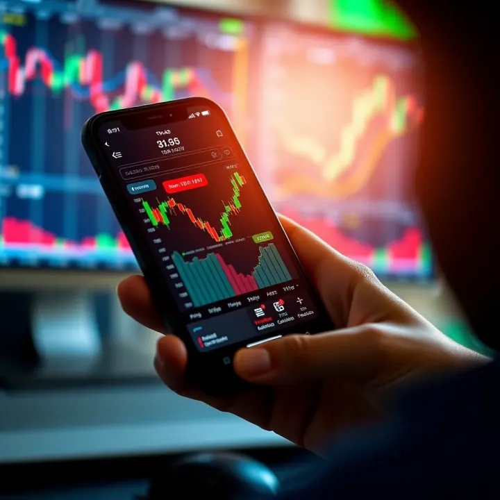 Smartphone screen displaying a day trading app interface with stock charts and real-time data