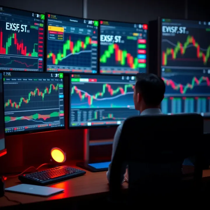 Desktop setup with multiple monitors displaying trading charts and financial data