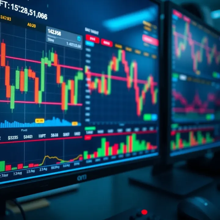 Financial trading platform screen with charts and indicators used for quick market trades