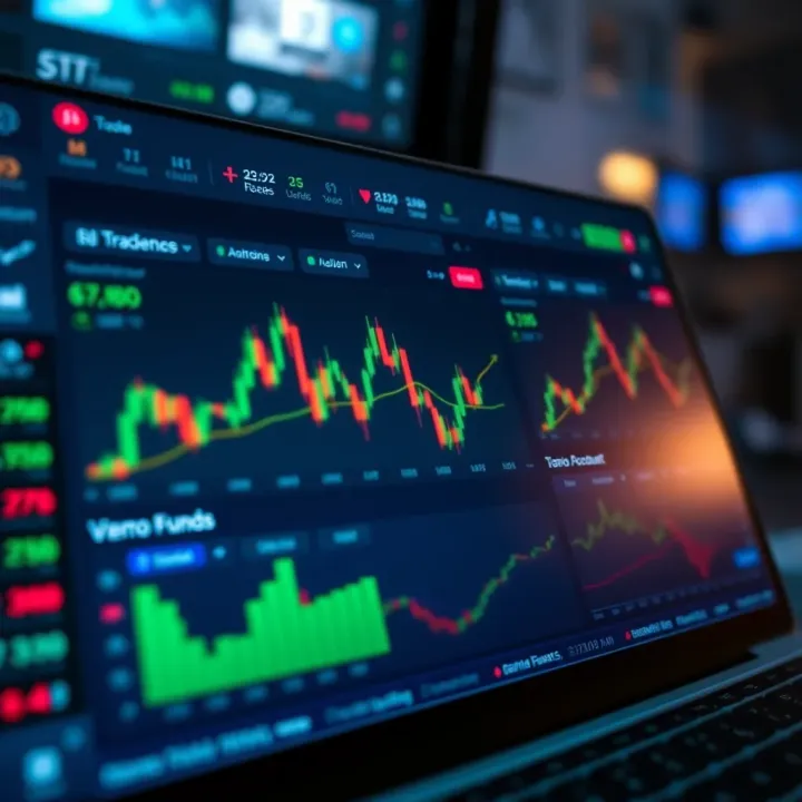 Illustration of a financial trading platform interface displaying a demo account dashboard with virtual funds and various trading options