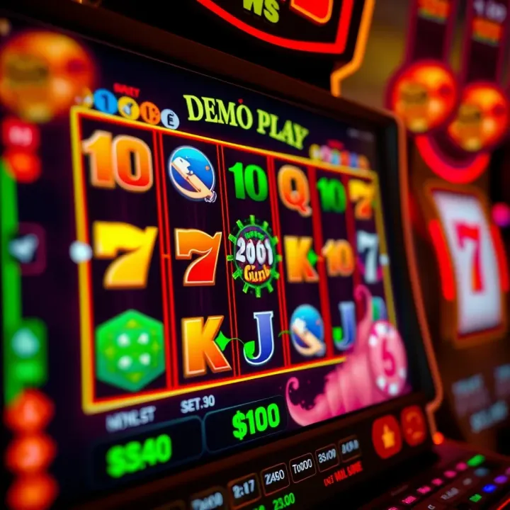 Online slot machine interface showing a demo play mode with colorful reels and symbols