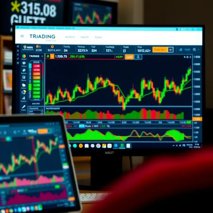 Computer screen displaying trading platform with charts and indicators for active trading practice