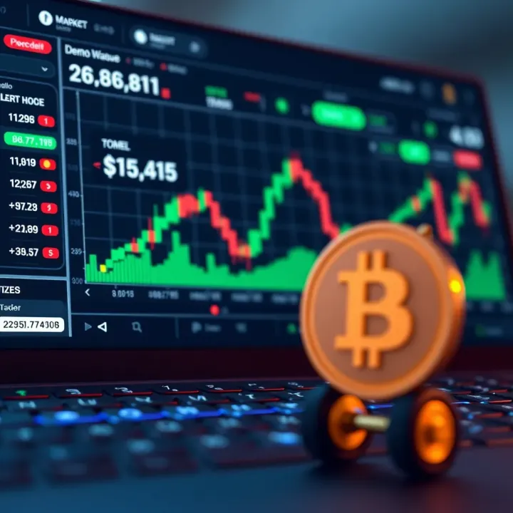 Illustration showing a digital trading platform with demo account balance and virtual currency icons
