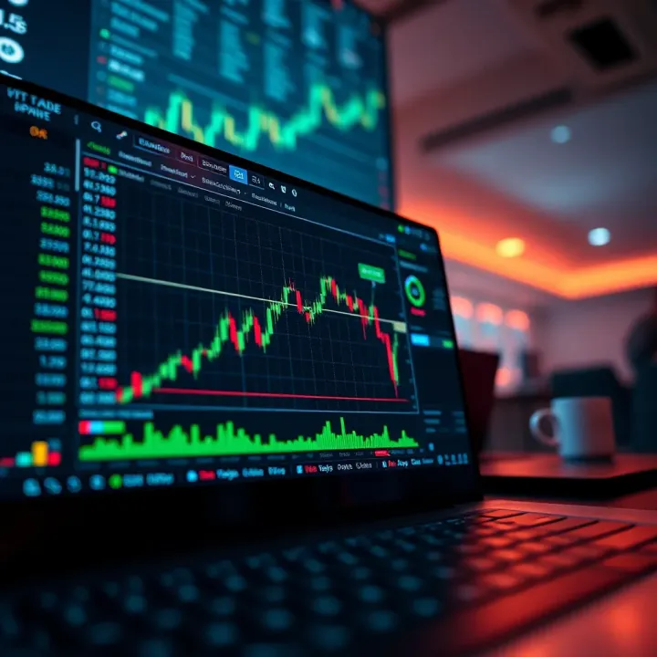 Illustration showing a digital trading platform with virtual currency charts and demo account interface