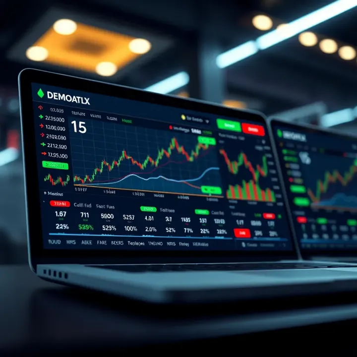 Digital platform displaying a demo trading account interface with charts and virtual currency balances
