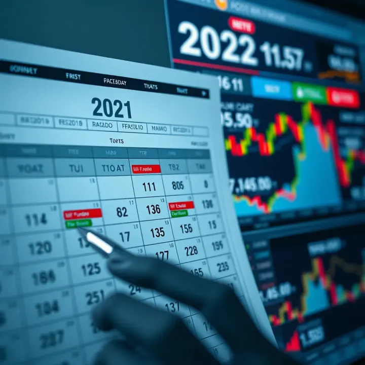 Calendar with economic event dates marked and financial charts