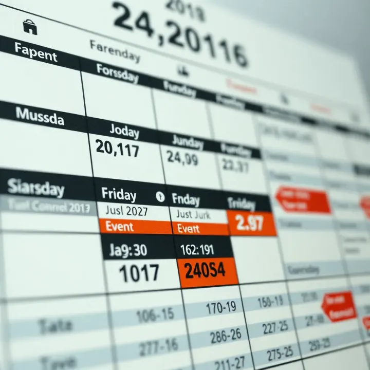 Financial calendar displaying key economic indicators and event dates for market analysis