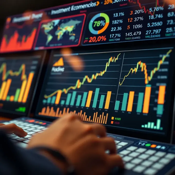Conceptual representation of data analysis with graphs, statistics, and economic symbols illustrating investment decision-making