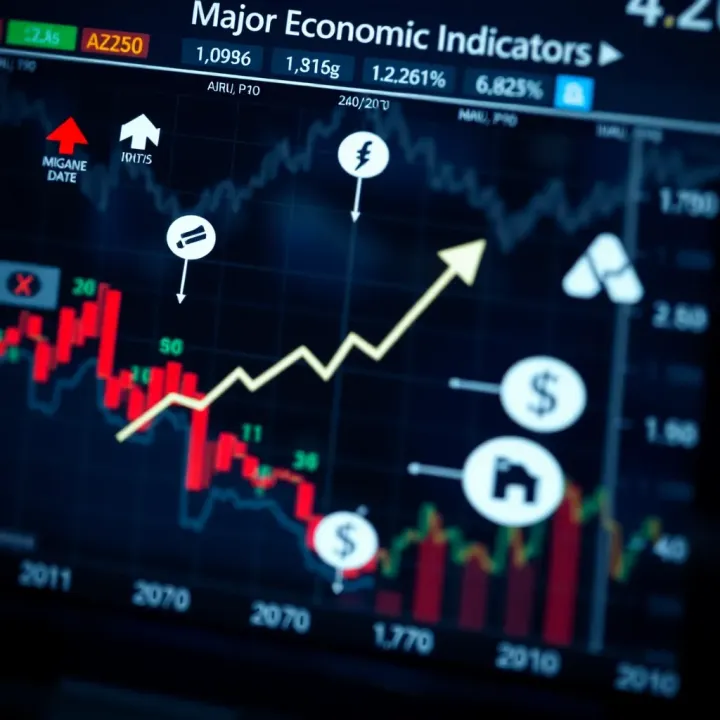 Graphical representation of economic indicators with symbols for interest rates, employment, and inflation data