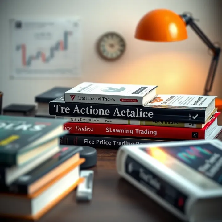 Key Books for Mastering Price Action Strategies Books on financial trading and price action strategies arranged on a desk