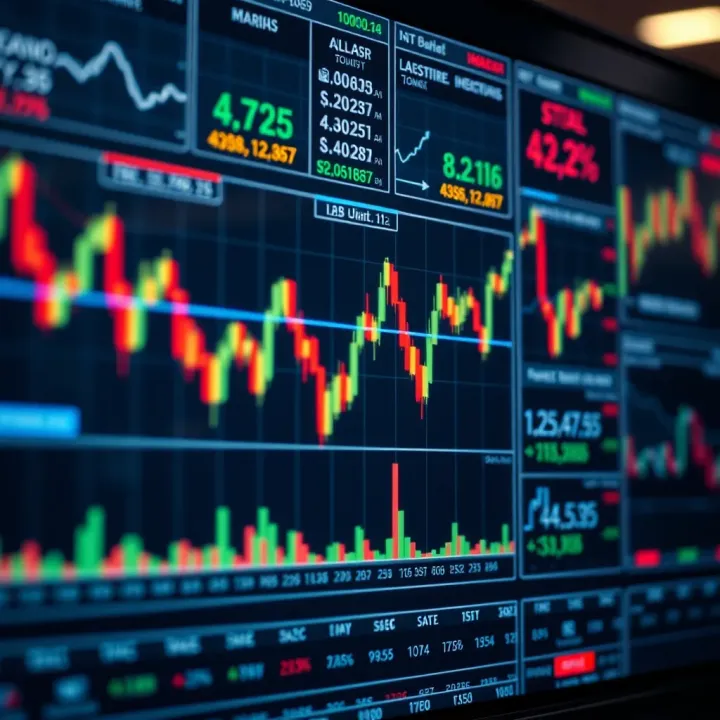 Financial market charts showing various stock trends and economic indicators on a digital interface