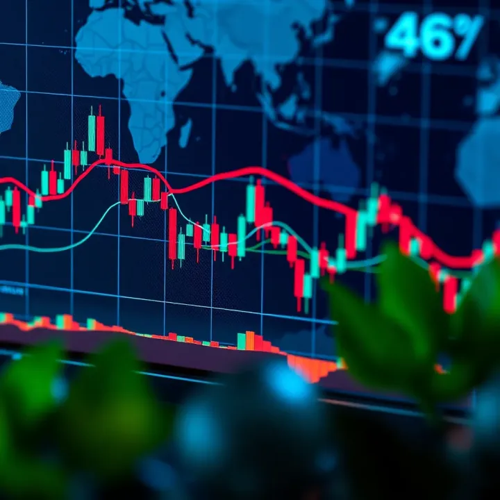 Graph showing financial market trends with candlestick patterns and volume indicators