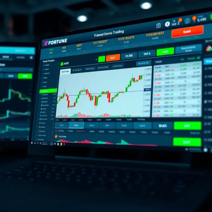 Screen showing Fortune demo account interface with charts and trading options