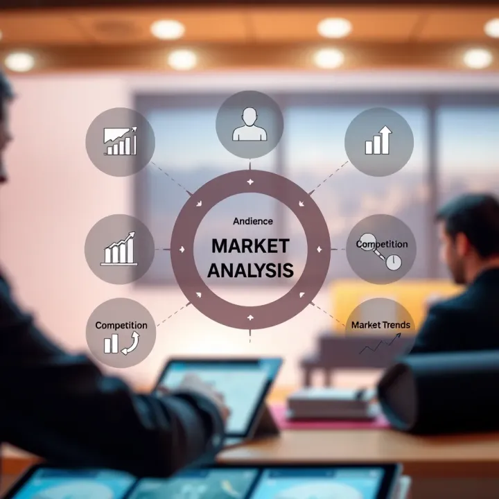 Diagram illustrating key components of market analysis including target audience, competition, and market trends