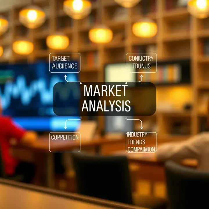 Diagram illustrating components of market analysis including target audience, competition, and industry trends