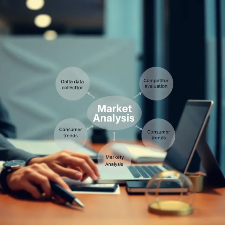 Diagram illustrating key components of market analysis including data collection, competitor evaluation, and consumer trends