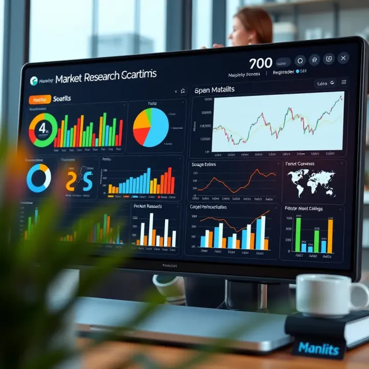 Dashboard with various market research tools and data visualizations
