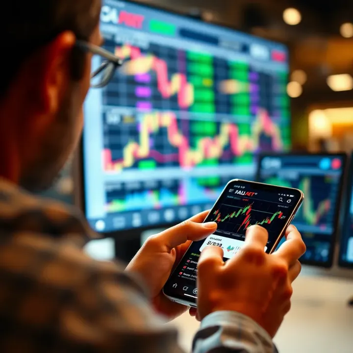 A trader using a mobile app showing technical analysis tools and stock market indicators