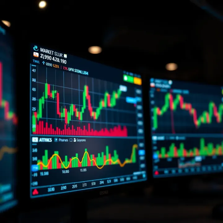 Graph and charts on a digital screen illustrating market trends and trading performance