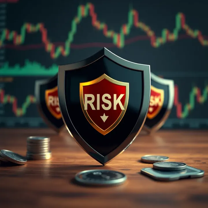 Visual representation of risk management strategies for binary options with protective shields and strategy symbols