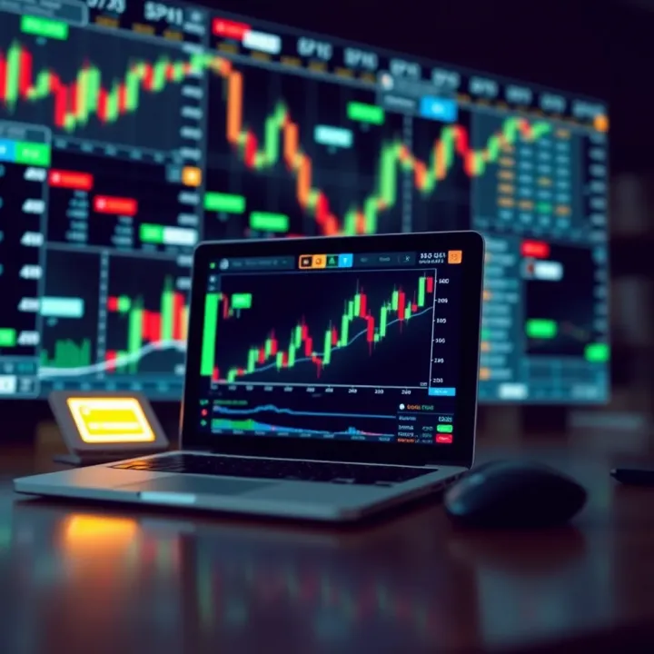 Illustration showing binary options trading concepts with charts and digital financial icons