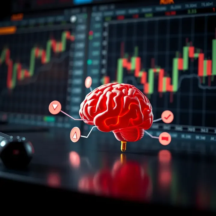 Conceptual illustration of risk management and psychological control in trading with charts and brain icons